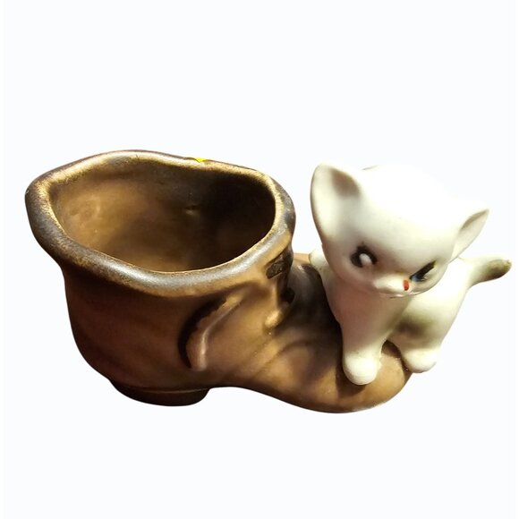 Antique Mid Century Enesco Kitten on Boot Mini Planter Toothpick Holder Trinket - Picture 4 of 11